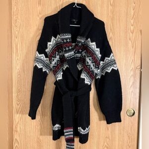 Frye Black Wool Alpaca Thick Long Wrap Tie Cardigan